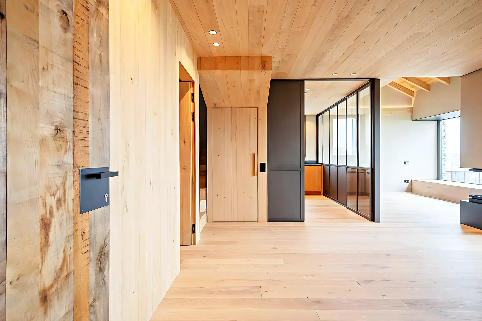 Penthouse lined in light timber with glazing and black-framed profiles