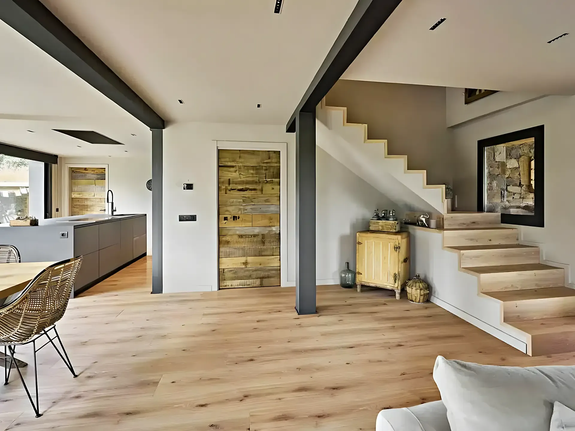 Living space with an oak staircase, black steel columns and a reclaimed timber sliding door